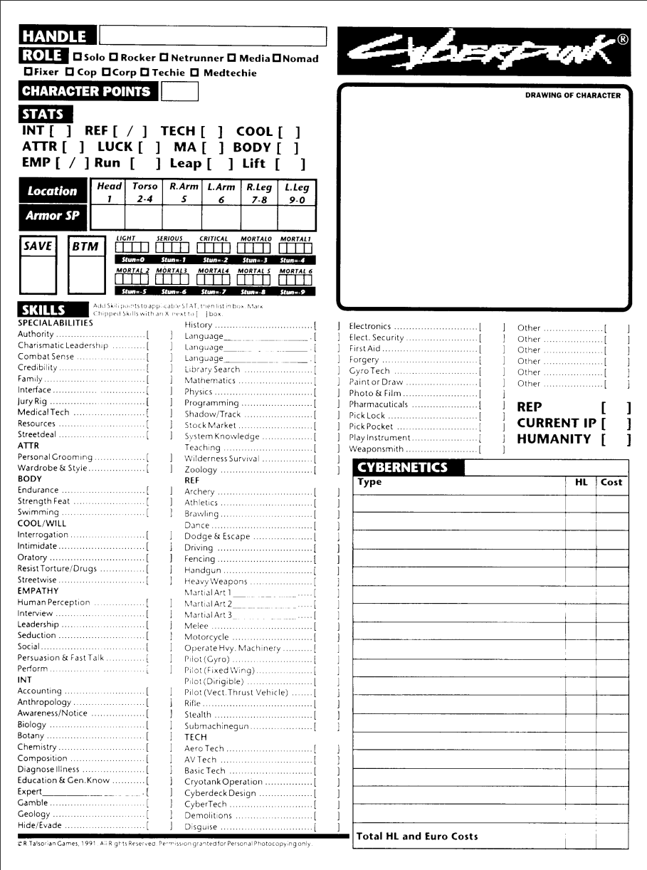 Cyberpunk 2020 character sheet